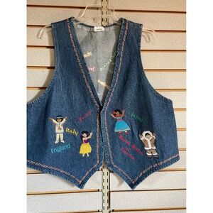 Vintage Innovo Inc One Size Embroidered Denim Vest Novelty Around the World